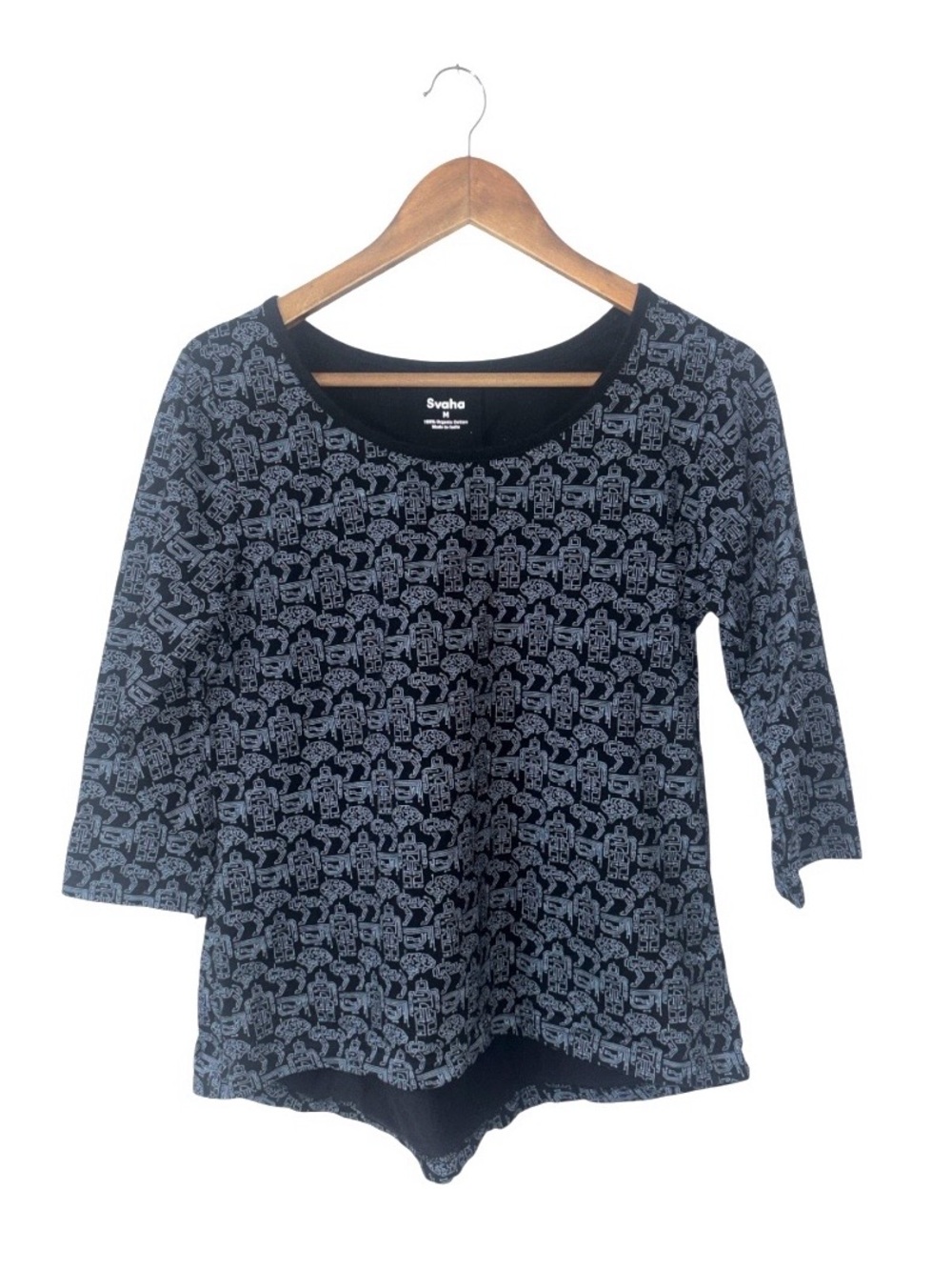 Svaha Blue Black 100% Organic Cotton Long Sleeve Top Shirt Robot Brain Medium